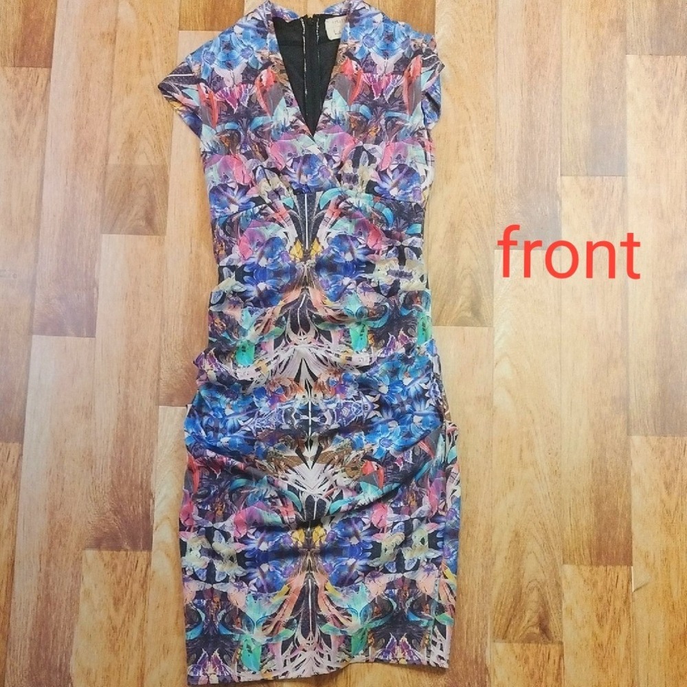 Nicole Miller Artelier Ruched Butterfly Sheath Dress Womens Multicolor Floral